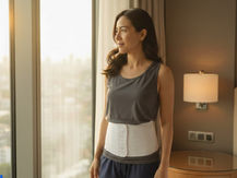 a woman looking through the window wearing a compression binder