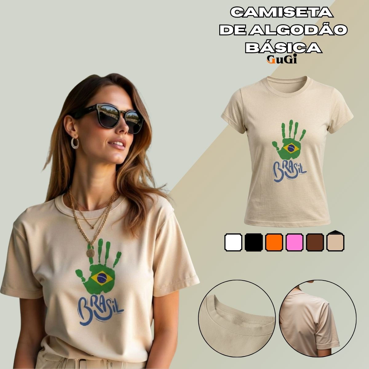 Camiseta feminina 100% algodão 30,1% Estampa da Bandeira do Brasil - Baby Look