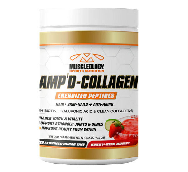 White container of AMP'D-Collagen by MUSCLEOLOGY. Promotes hair, skin, nails, anti-aging. Red berry image and vibrant text on label.