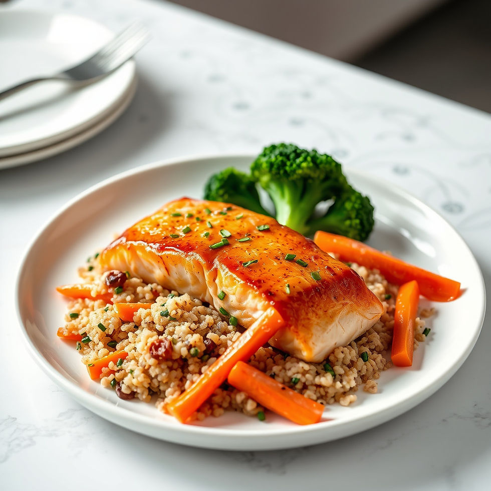 Grilled salmon glazed with herbs on a plate, served with couscous, carrots, and broccoli. Bright and appetizing on a white table.