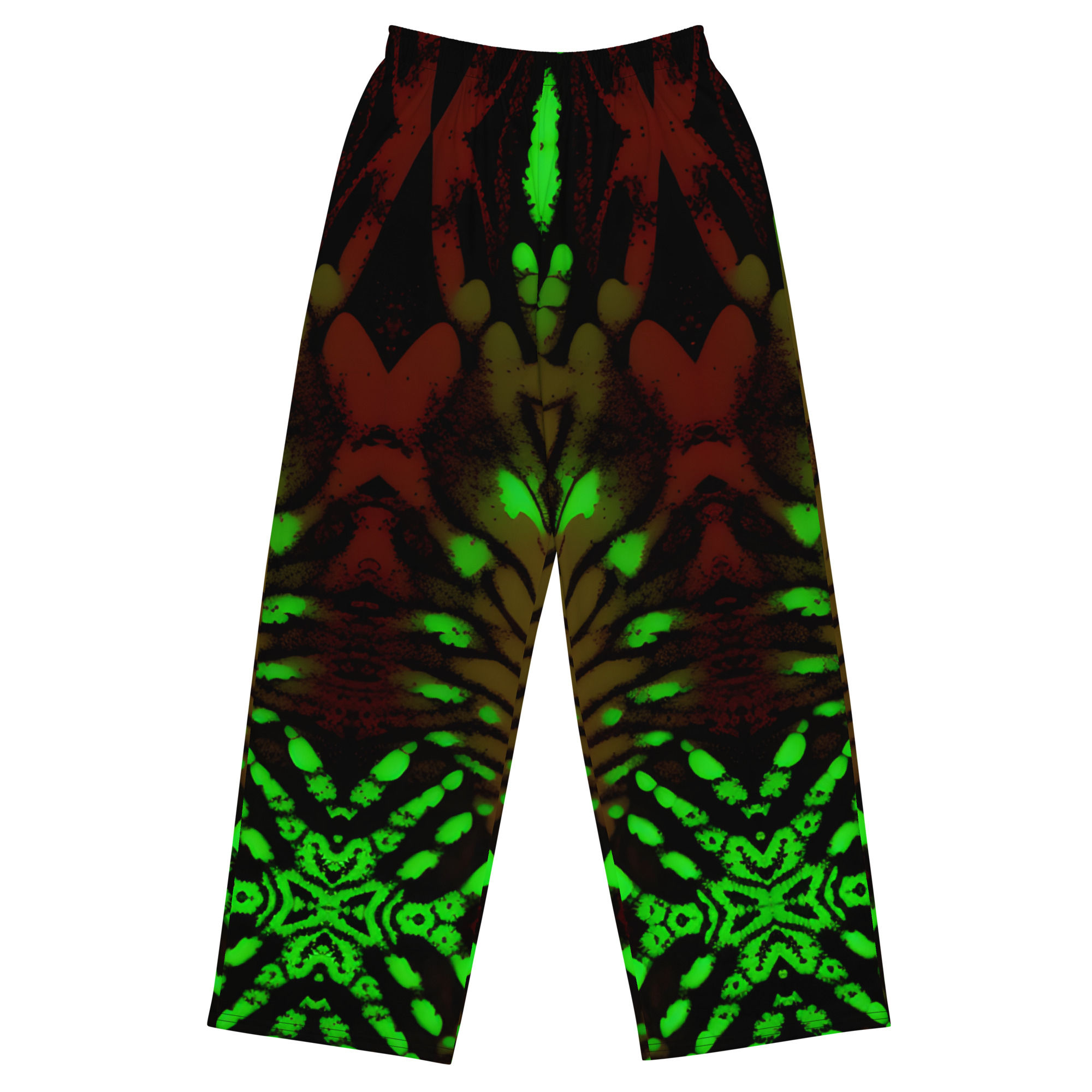 Black, red, and neon green wide-leg pants with fractal cyber-organic pattern – front view – Krazy Kolor