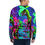 Thumbnail: Back of neon dinosaur sweatshirt with vibrant raptor scene and mountains.