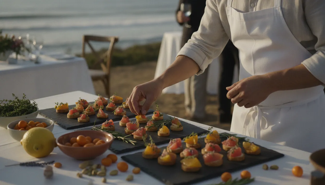 Chef arranging Mediterranean-inspired wedding canapes at a Point Loma reception