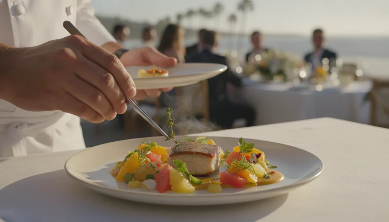 Chef finishing a seasonal plated course at a San Diego wedding reception