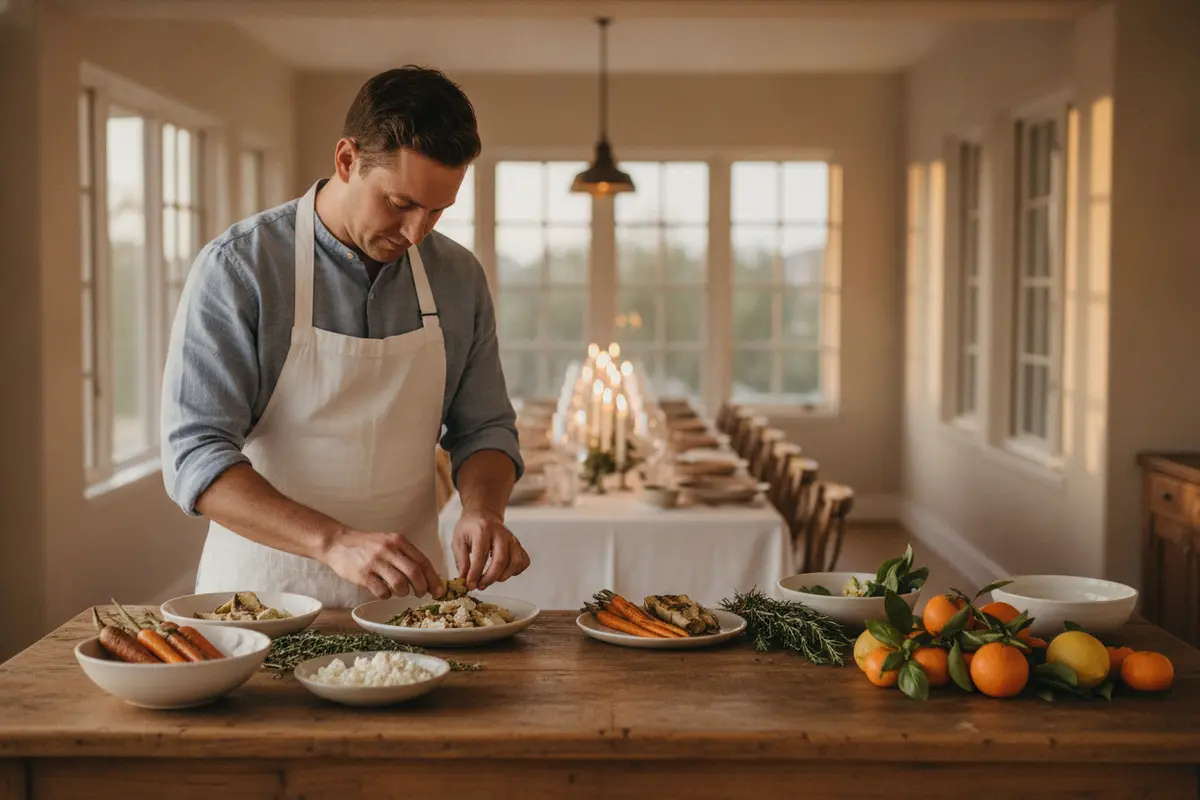 A chef plates a seasonal Mediterranean dinner in a Rancho Santa Fe home