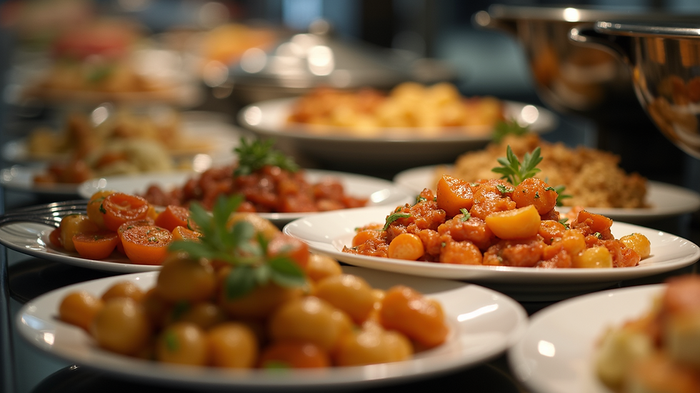 Close-up view of buffet table with assorted dishes and serving utensils