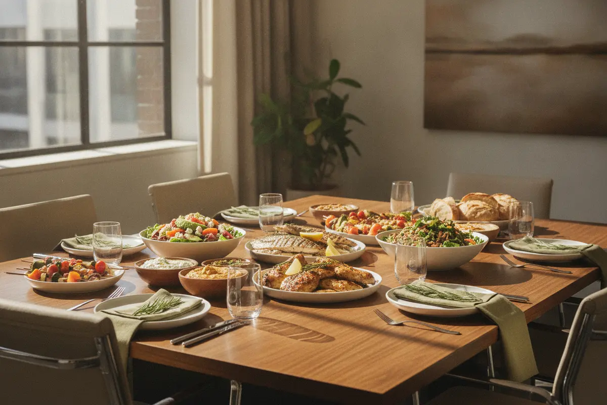 Seasonal catered lunch set for a downtown San Diego office meeting