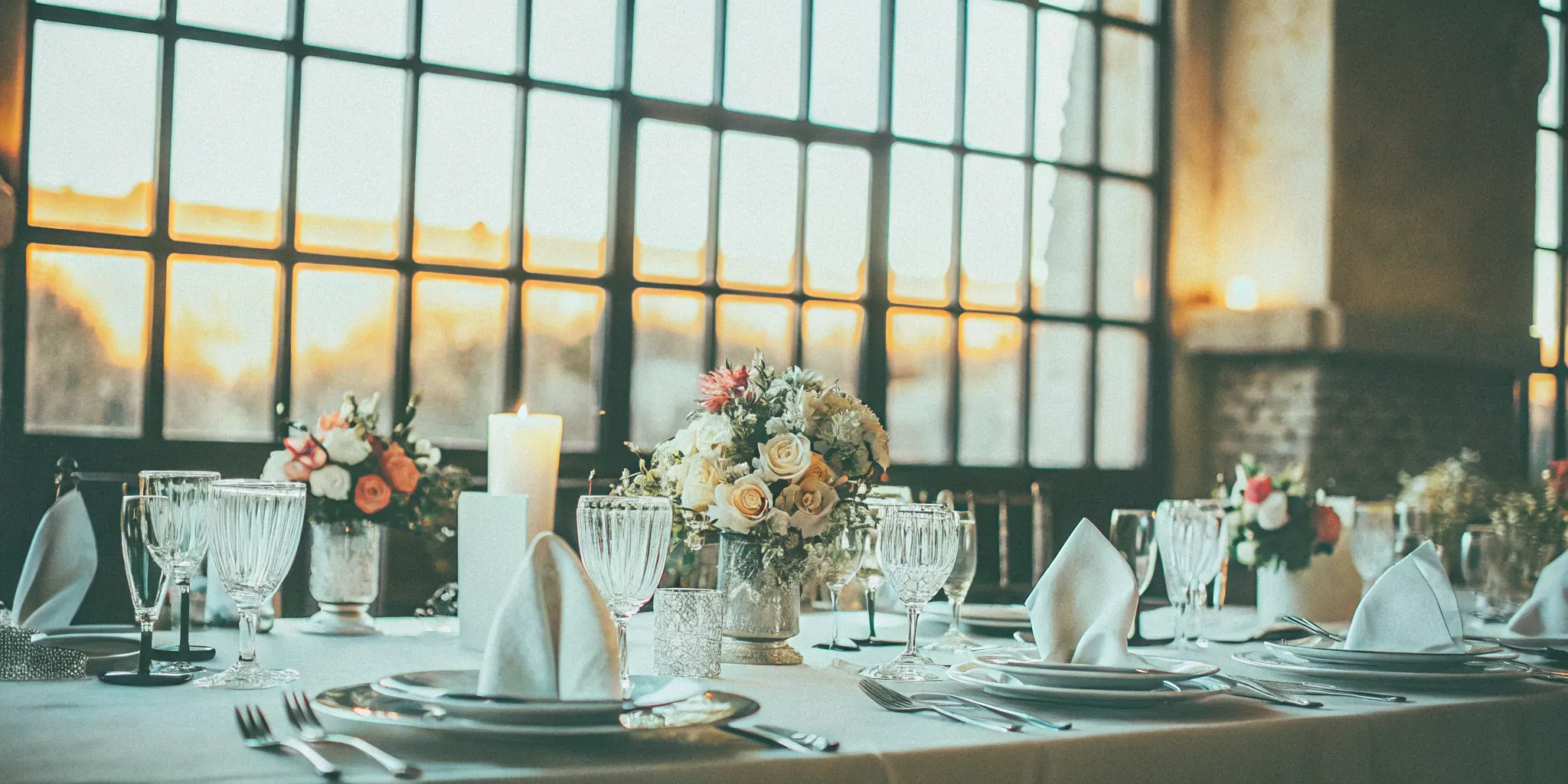 Elegant wedding reception table at a San Diego venue with plated dinner service and sunset lighting