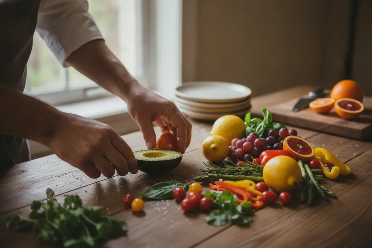 Chef arranging seasonal California ingredients for a customized event menu