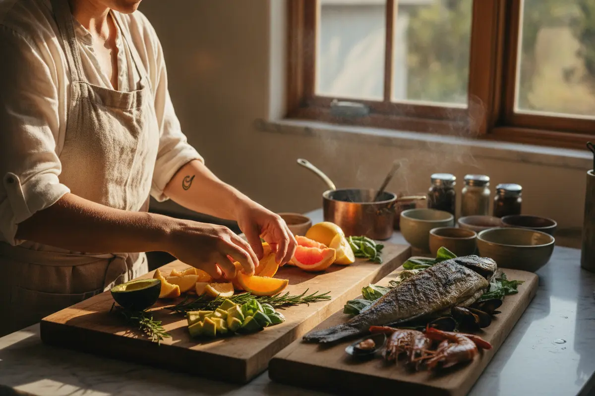Chef preparing seasonal ingredients for a private dinner at home