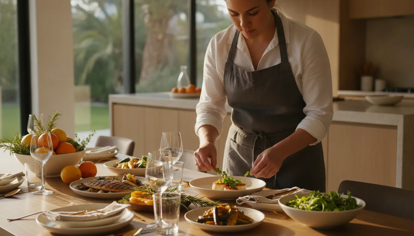 Private chef preparing a seasonal Mediterranean-inspired dinner in a San Diego home