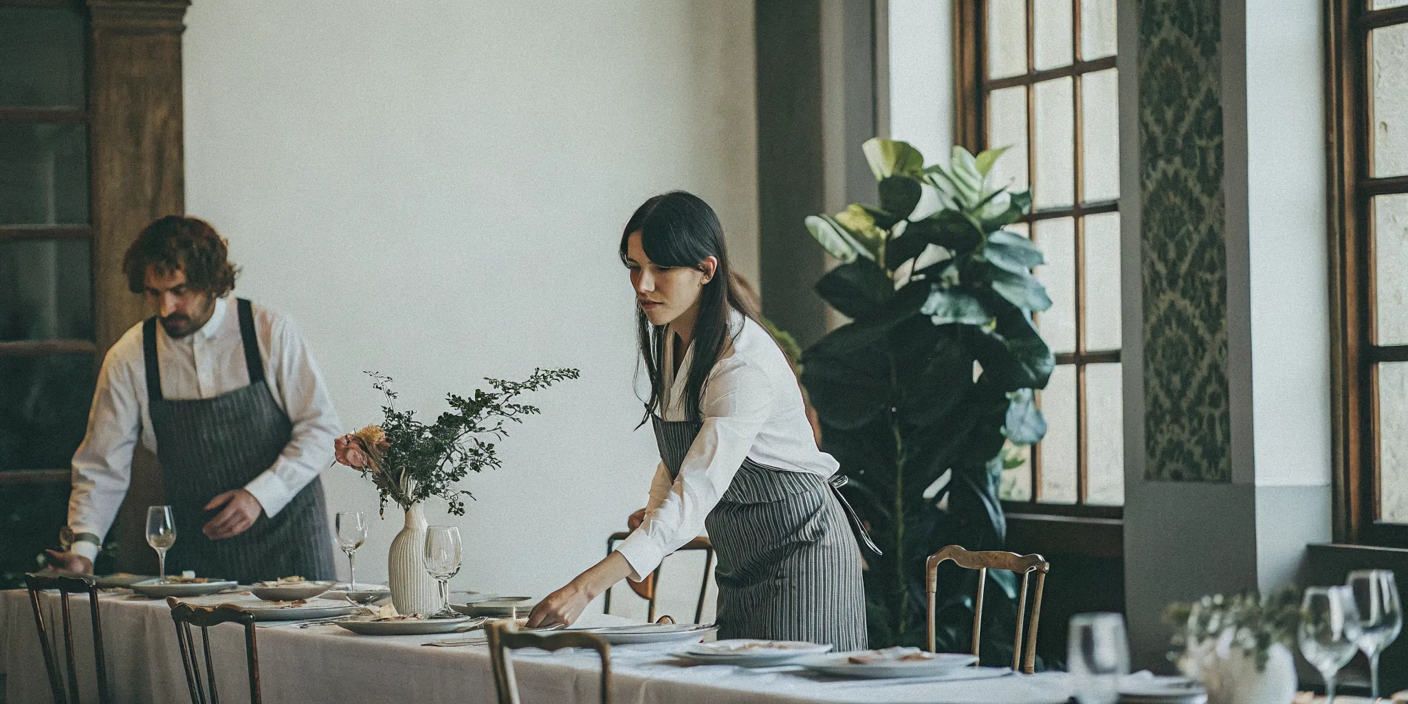 Full-service catering team setting up an elegant dinner party in a San Diego home