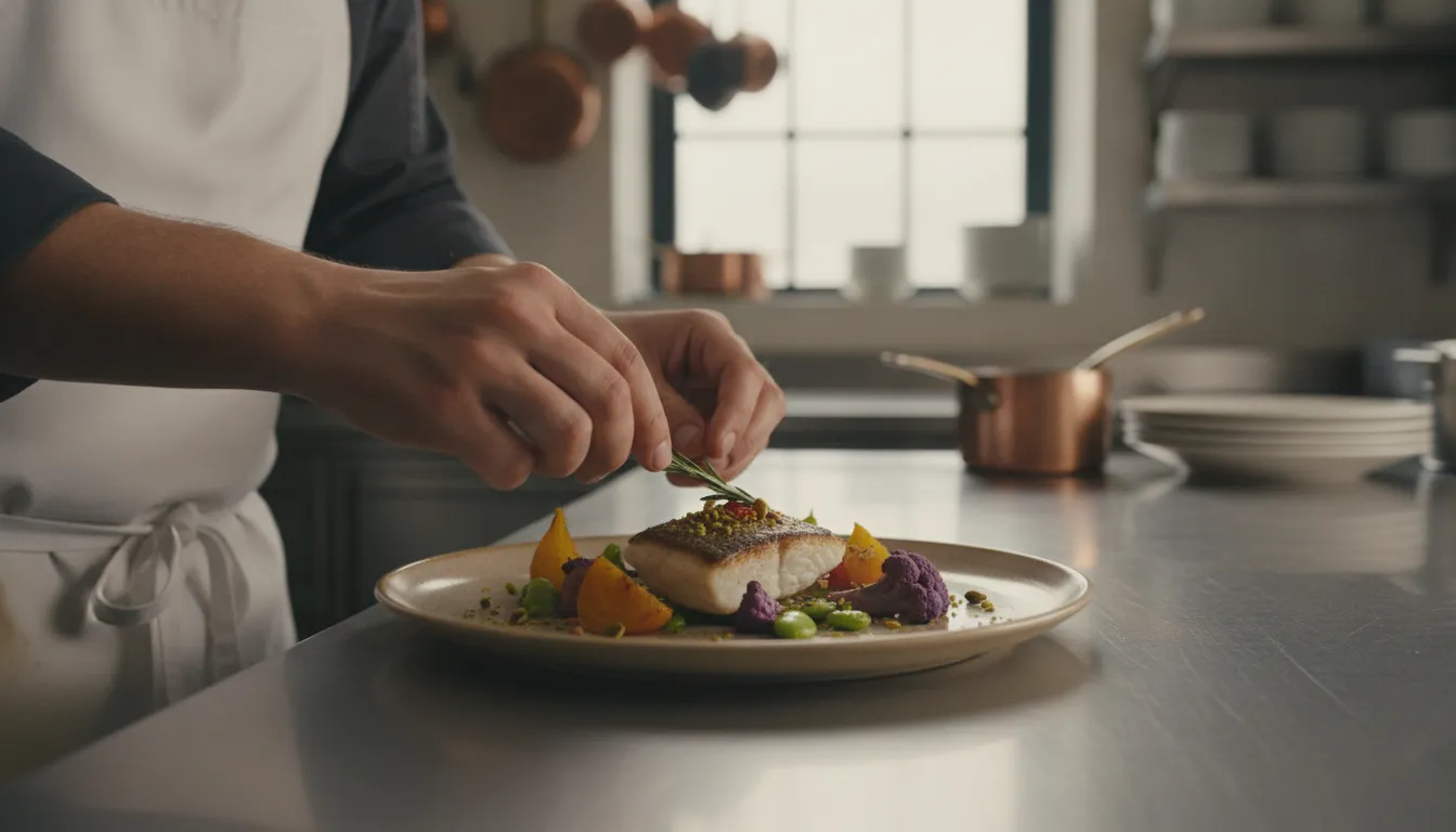 Chef plating a seasonal wedding course for a La Jolla reception