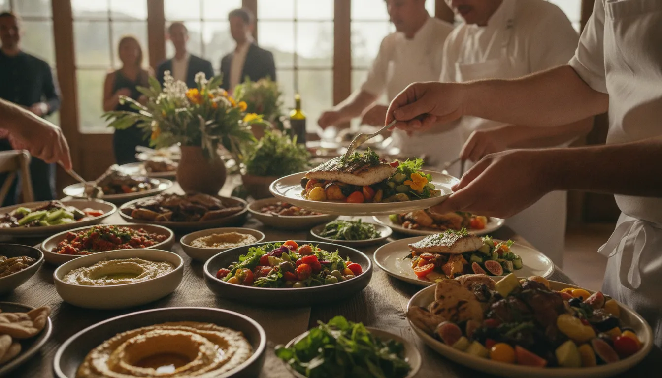Elegant Mediterranean catering spread with seasonal California ingredients plated for a Bar Mitzvah reception