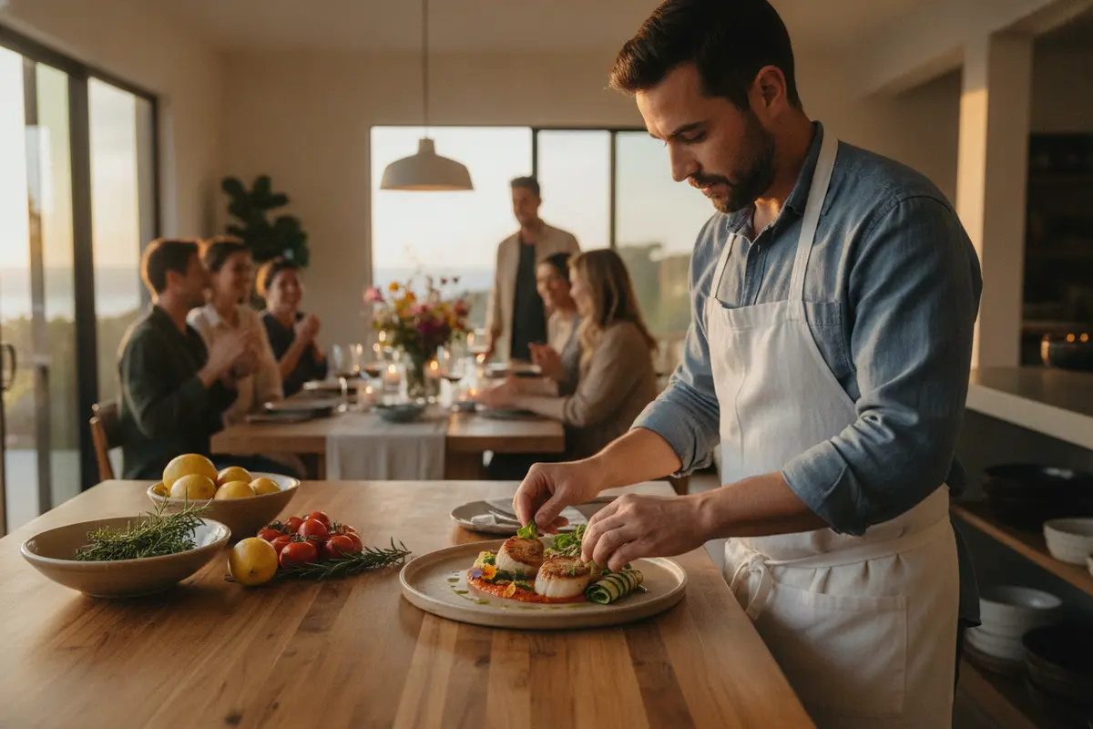 Chef plating a seasonal dinner for an intimate gathering in a La Jolla home