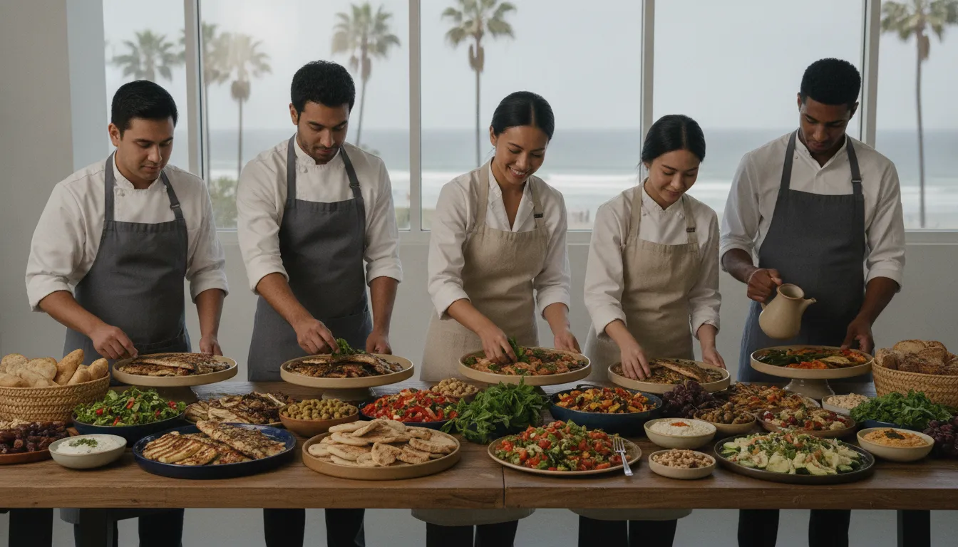 Seasonal catered dishes arranged for a San Diego employee appreciation gathering