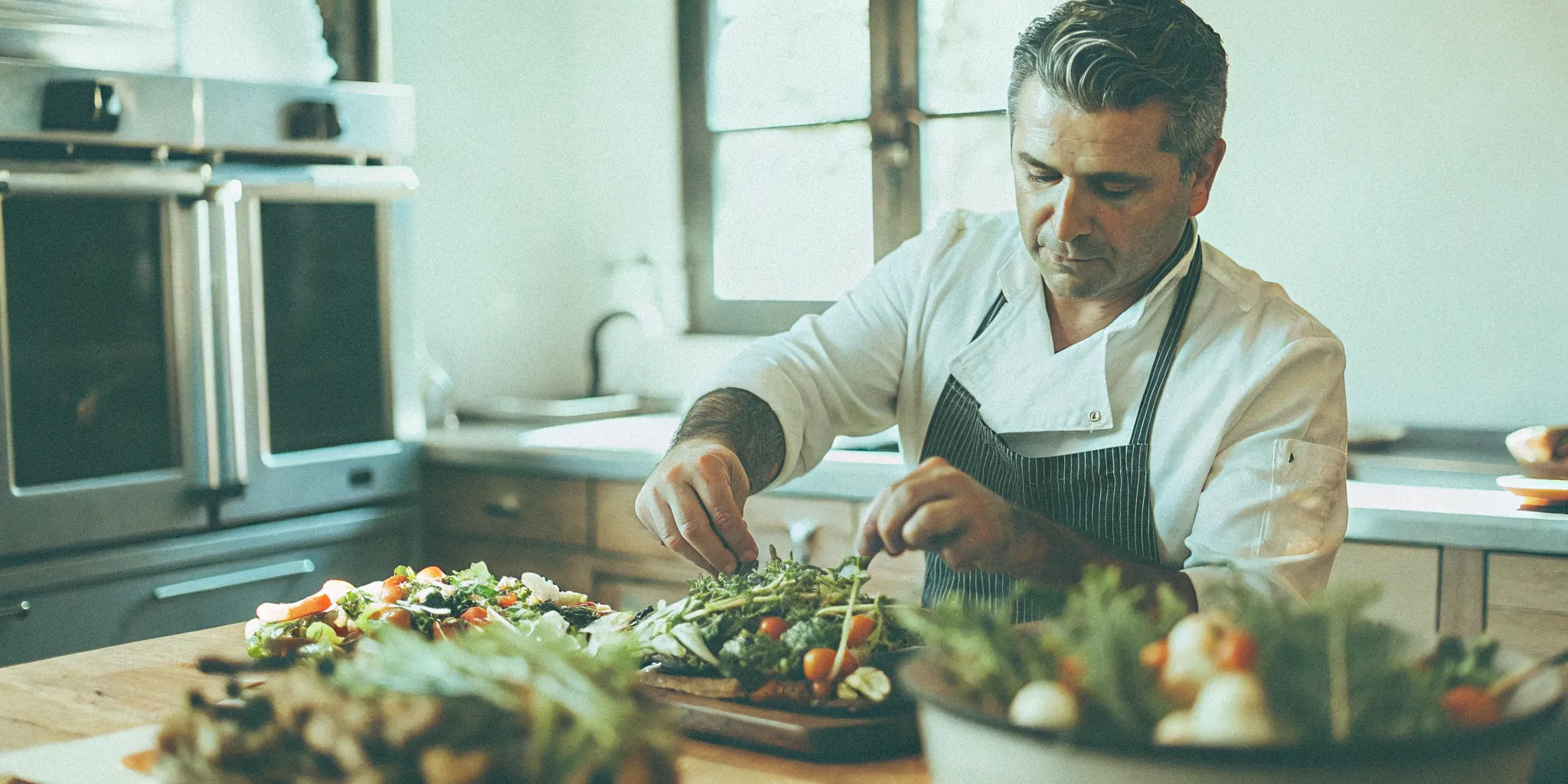 Chef Oren Koreh plating a gourmet dish with fresh seasonal vegetables in a San Diego kitchen, private chef san diego