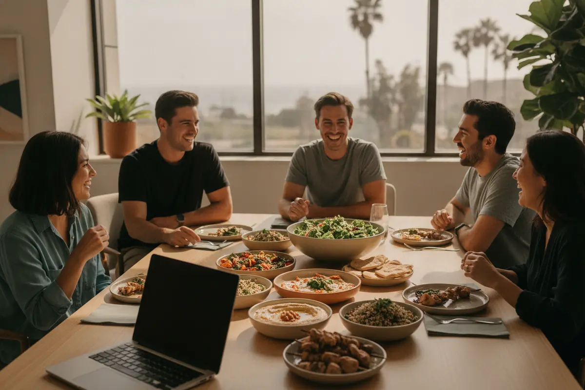 Colleagues share a seasonal catered lunch at a hybrid company gathering in San Diego