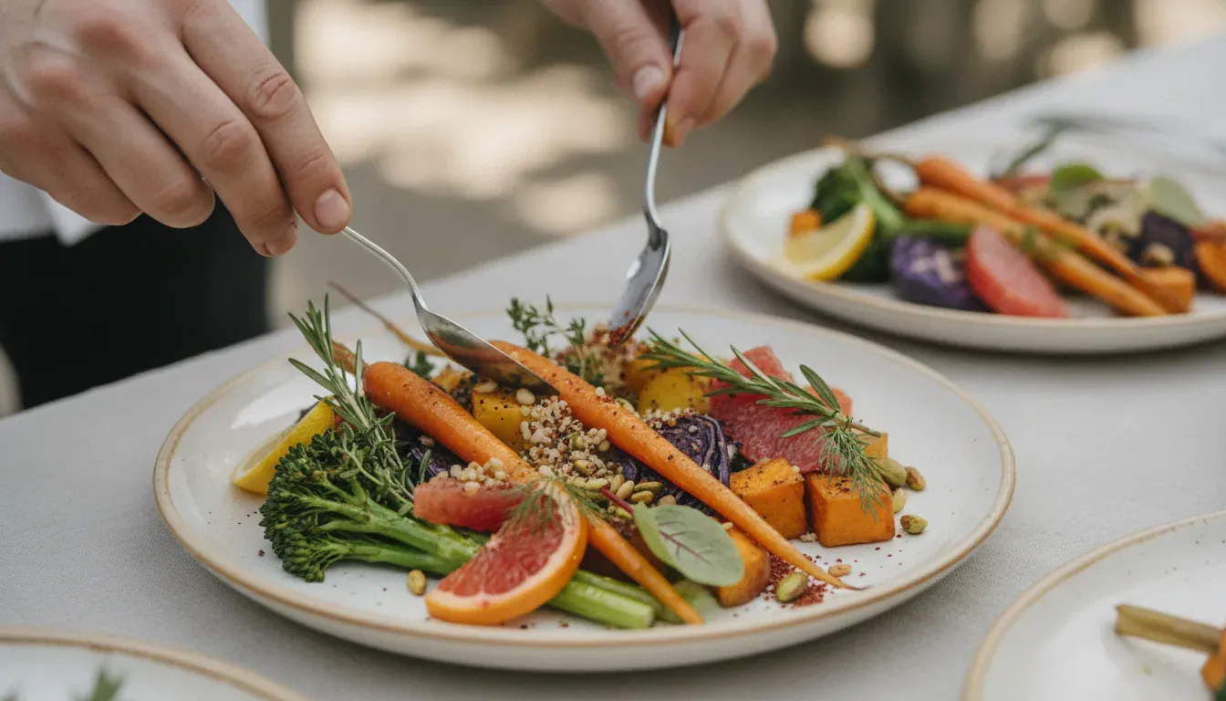 Chef arranging a seasonal California vegetable plate for an elegant San Diego event