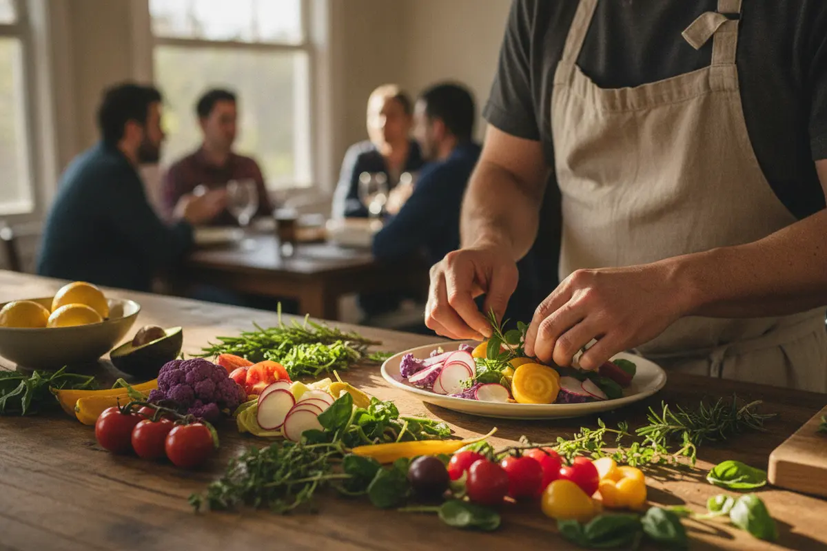 Chef arranging seasonal ingredients for a customized private dinner menu