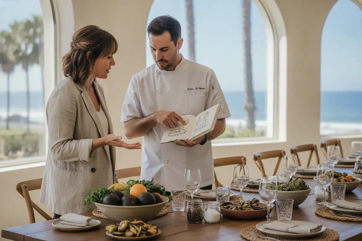 A chef and event planner reviewing a seasonal corporate catering menu