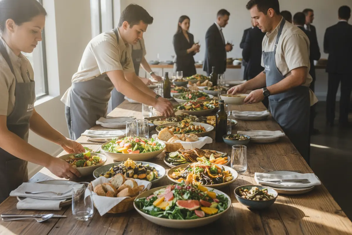 Catering staff arranging a seasonal lunch for a San Diego corporate meeting