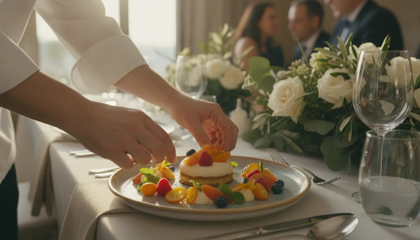 Chef arranging seasonal Mediterranean-inspired desserts at a San Diego celebration