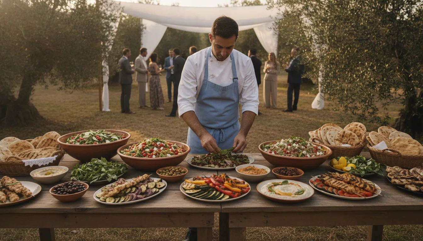 Elegant kosher-style Mediterranean catering spread for a San Diego Bar Mitzvah