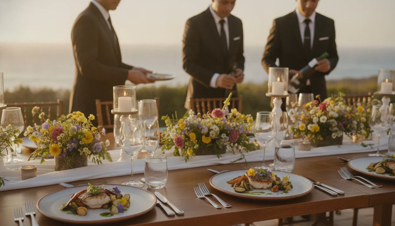 Chef-curated seasonal dishes arranged for an elegant outdoor wedding reception