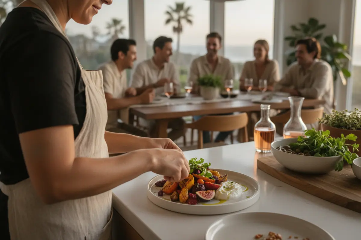 A chef plates a seasonal course in a San Diego home as guests gather nearby