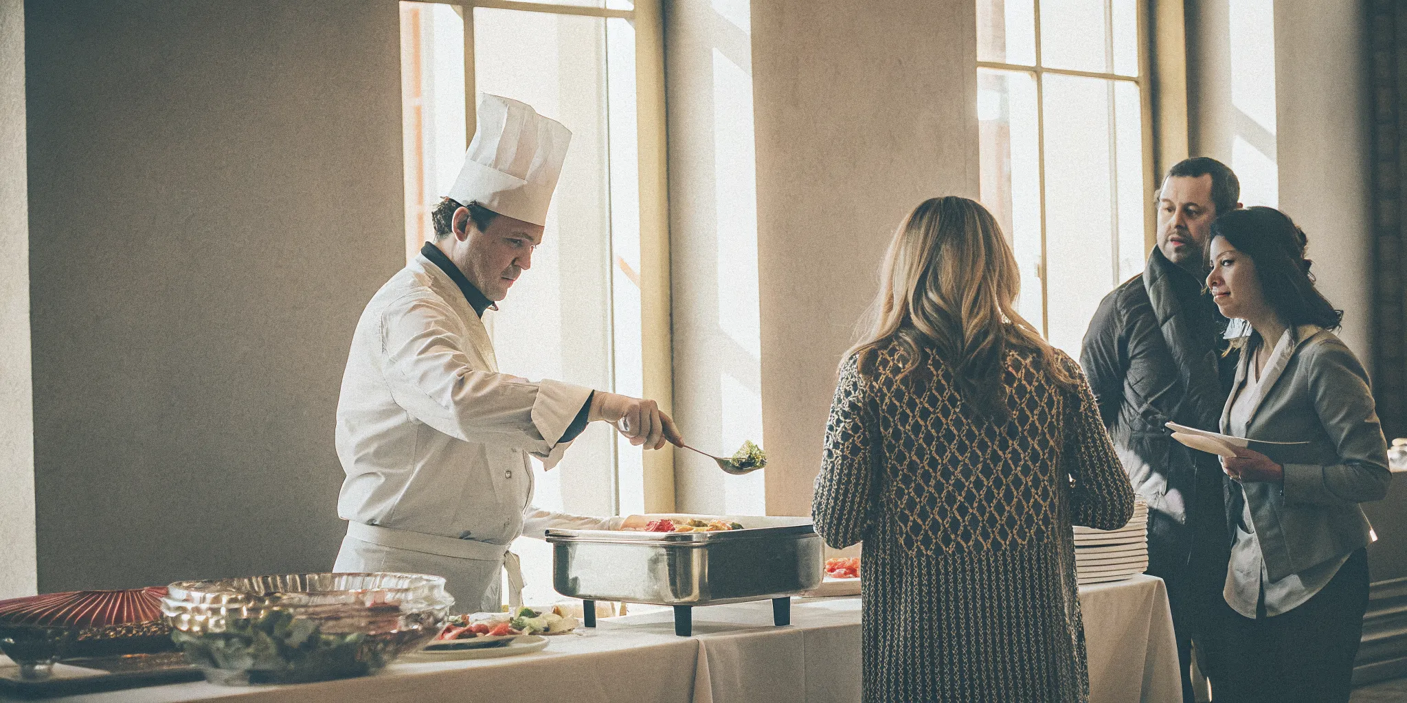 A professional chef preparing street tacos at a corporate conference food station in San Diego