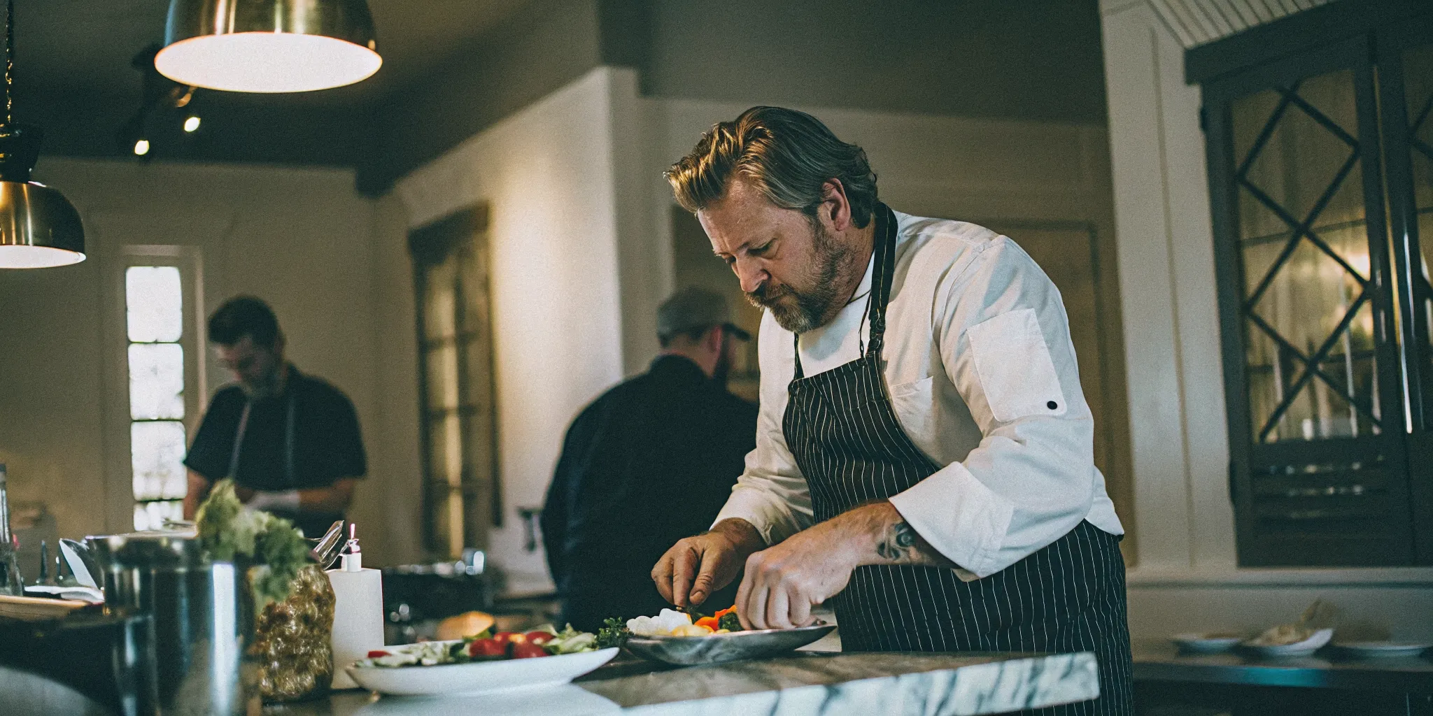 Private chef plating a Mediterranean-inspired dish in a San Diego home kitchen