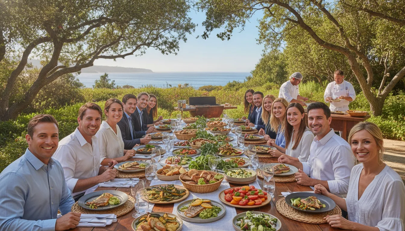 Team members sharing an elegant catered meal at a San Diego event