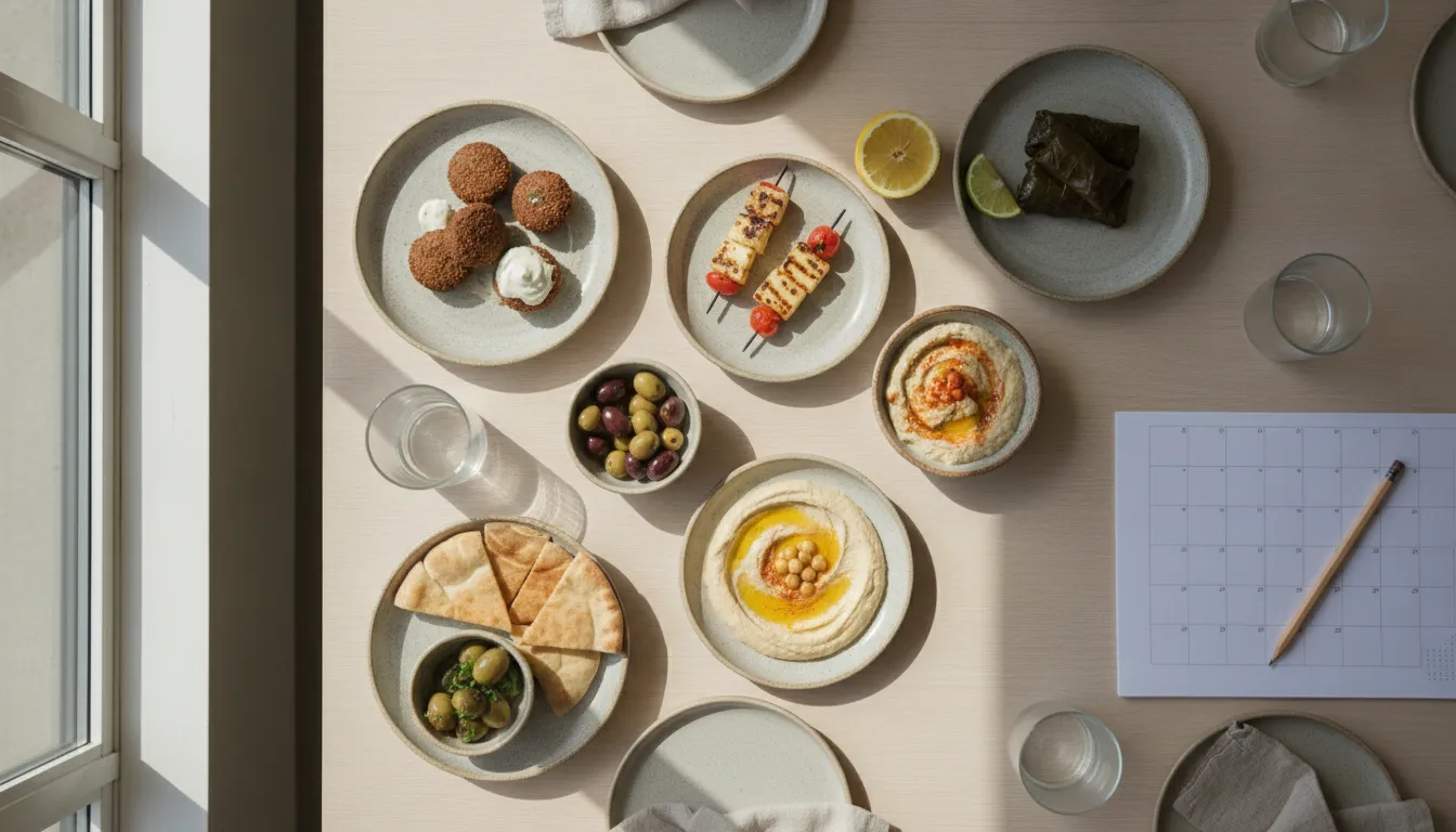 Tasting plates and a blank calendar on a table during Bar Mitzvah catering planning