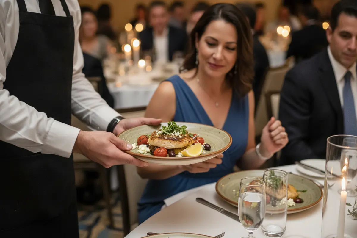 Server placing a plated seasonal entrée at a corporate dinner