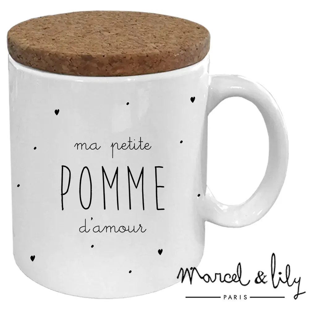 Tasse mug mon ma petite pomme d'amour avec couvercle en liege pratique cocooning marcel et lily