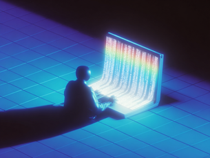 3D figure coding at a glowing digital screen