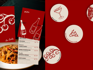 La Corte restaurant brand design with menu and wine list.