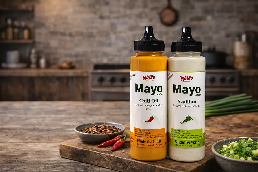 Two bottles of Will's Mayo (Chili Oil and Scallion) on a wooden kitchen counter. Bowls with spices and chopped scallions are in the background.