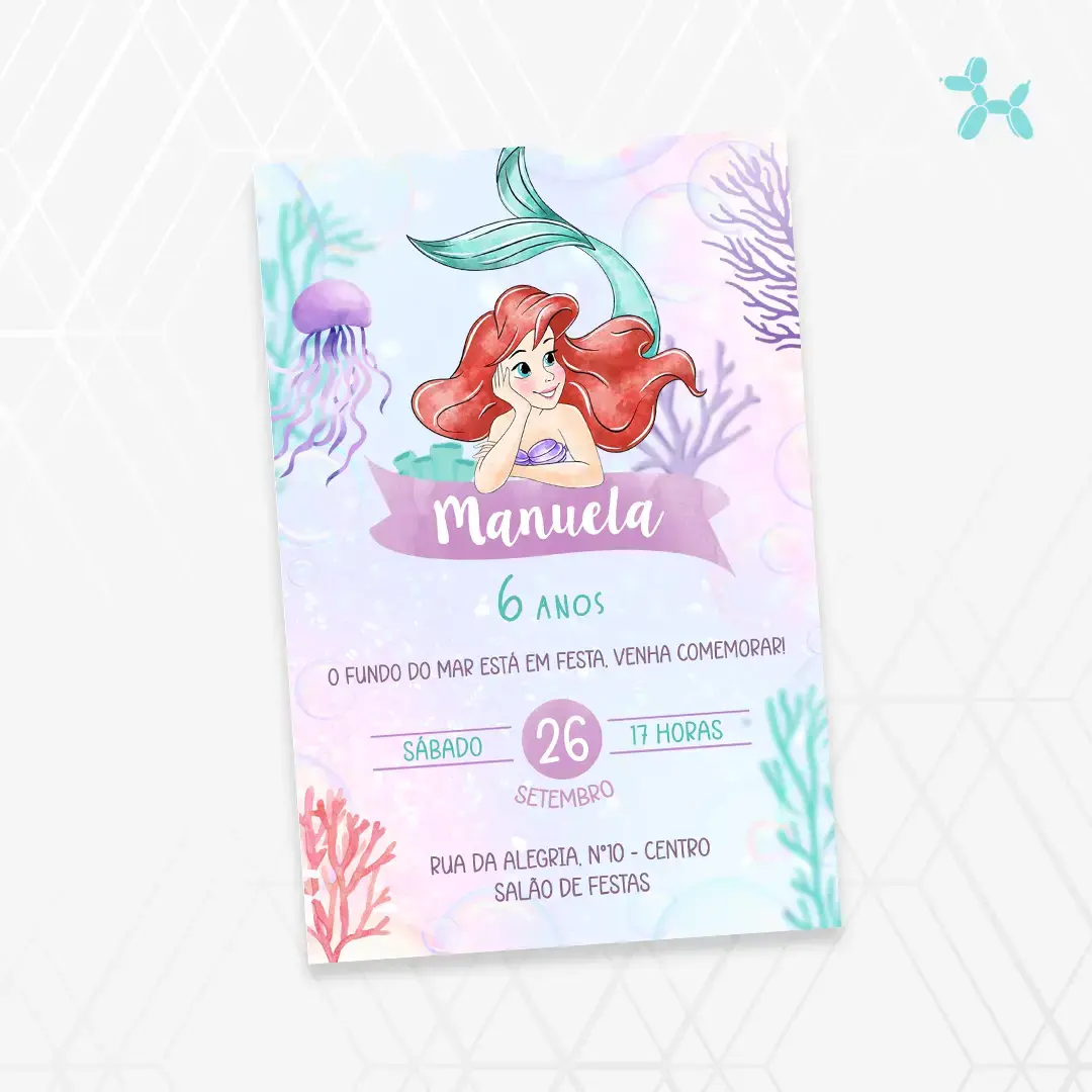 Convite Digital Pequena Sereia Ariel Aquarela