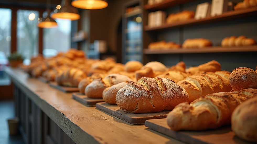 Eye-level view of a rustic bakery display with fresh pastries and breads