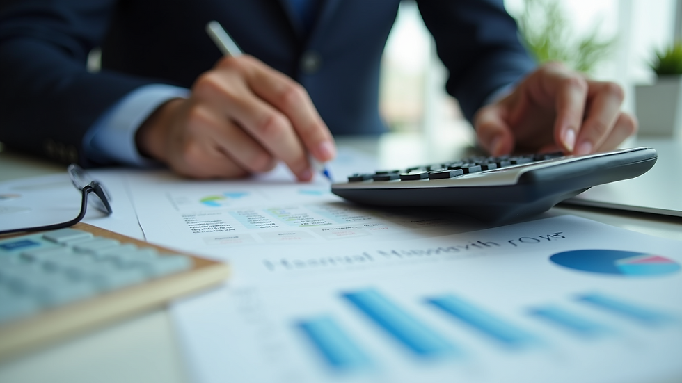 Close-up of a financial advisor’s desk with charts, notes, and a calculator