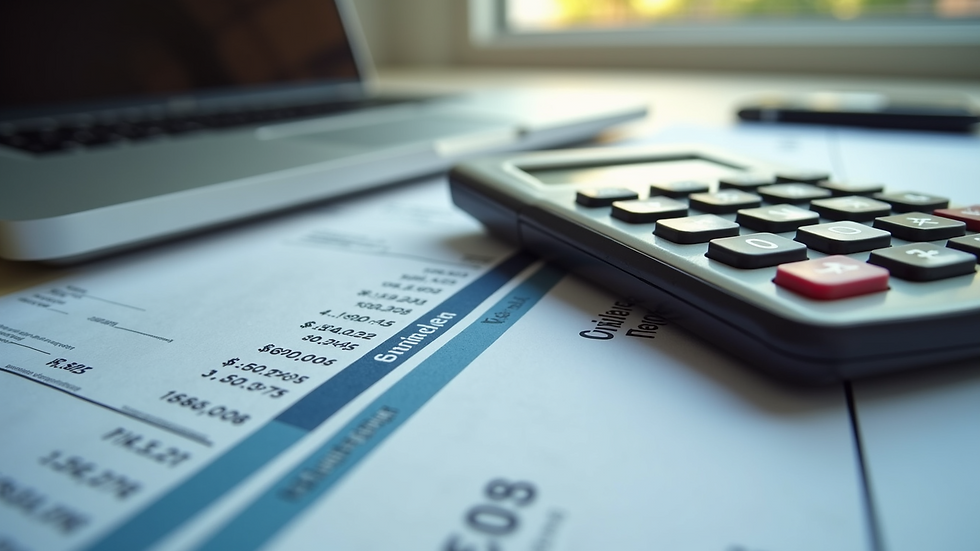 High angle view of a calculator and financial documents on a desk