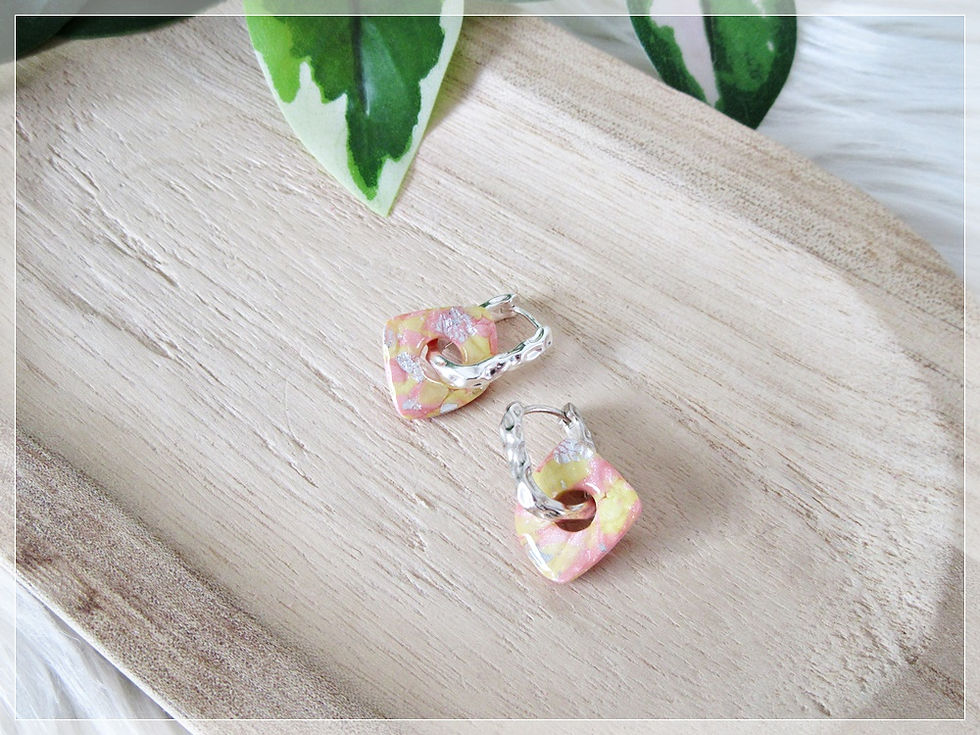 Miniature : Pampilles " Bélina "/ rose saumon et jaune pastel nacré, feuille d'argent