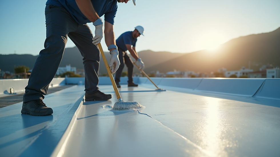 Close-up view of waterproofing contractors applying membrane on a flat roof in Cape Town