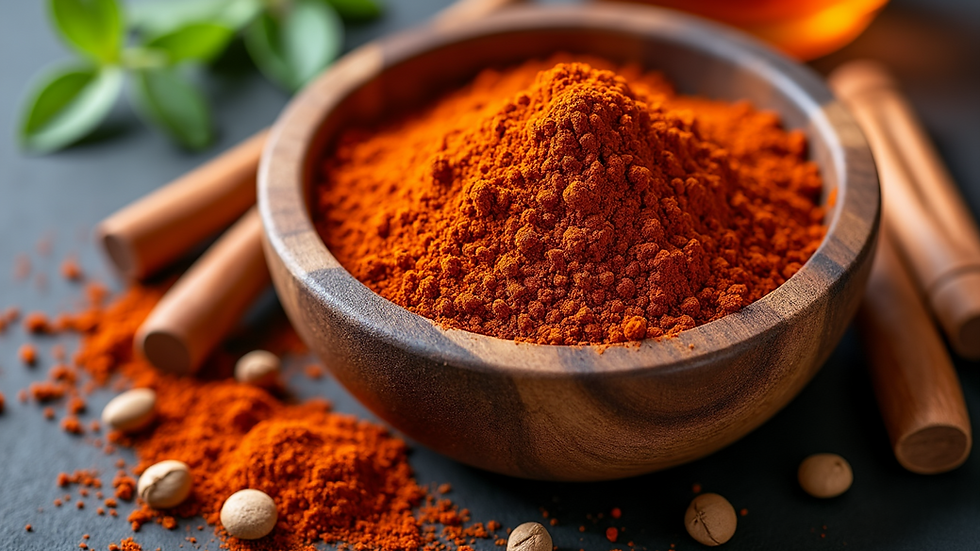 Close-up view of a wooden bowl filled with vibrant BBQ spice blend
