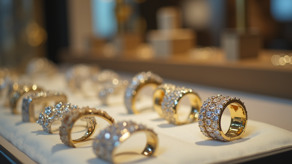 Eye-level view of a jewellery store display with diamond rings