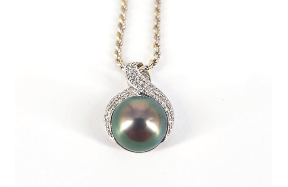 Thumbnail: 14CT WHITE GOLD TAHITIAN PEARL & DIAMOND PENDANT ON YELLOW & WHITE GOLD WHEATLIN
