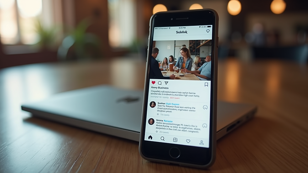 Eye-level view of a smartphone screen showing a social media feed with local business posts