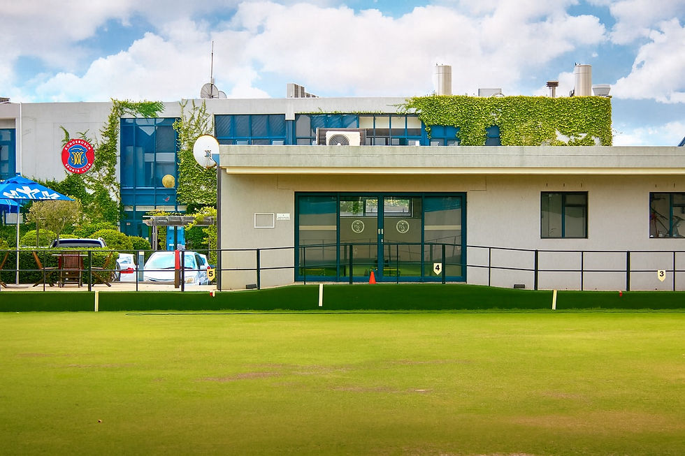 Eye-level view of a well-maintained bowls green at a sports club